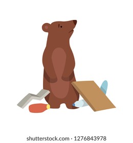 Bear and plastic waste, global environmental problem, ecological disaster vector Illustration on a white background