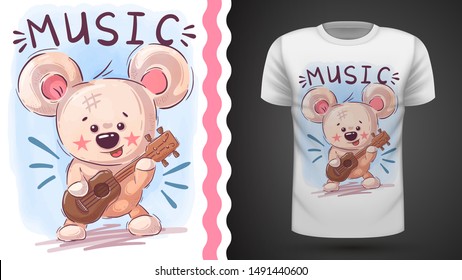 Bear play music - idea for print t-shirt. Hand draw