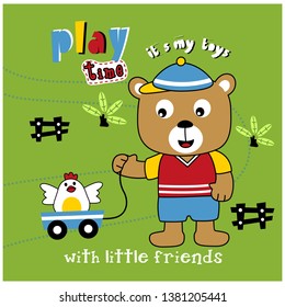 bear play with rooster funny animal cartoon,vector illustration