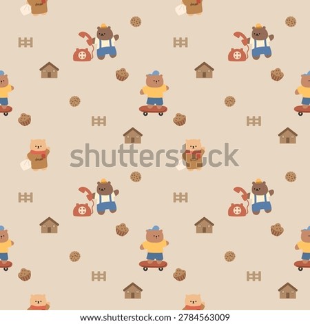 Bear play skateboard cartoon so cute. On pillow telephone cookie cupcake house fence background. Pattern seamless vector illustration. 