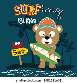 bear play surfboard in the beach funny animal cartoon,vector illustration