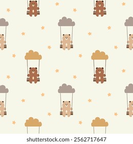 Bear play swing cloud cartoon so cute. On star background. Pattern seamless vector illustration. 

