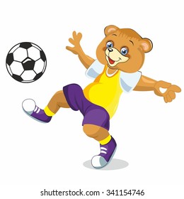 the bear playing ball, colorful sneakers, a yellow shirt, ball games, plays ball, little bear, cute bear, illustration for book