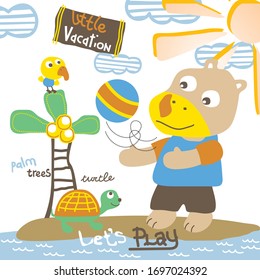 Bärenspielball auf Strandkartoon, Vektorillustration