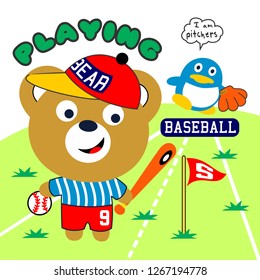 the bear is playing baseball, cartoon vector illustration