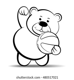 bear playing with basket ball in black & white-vector drawing