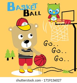 bear playing basketball with owl funny animal cartoon,vector illustration