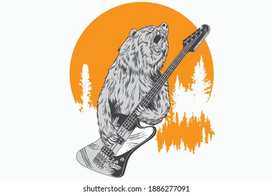 oso tocando guitarra de bajo para diseño de camisetas y afiches