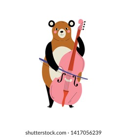 Bear Playing Cello, Cute Cartoon Animal Musician Character Playing Stringed Musical Instrument Vector Illustration