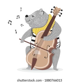 Bear Playing Cello, Cute Cartoon Animal Musician Character Playing Stringed Musical Instrument Vector Illustration.Can be used for t-shirt print,kids wear fashion design,baby shower invitation card.