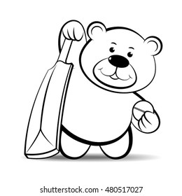 bear playing with cricket bat & ball in black & white-vector drawing