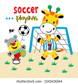 the bear is playing football, cartoon vector illustration