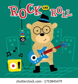 bear playing guitar funny animal cartoon, vector illustration