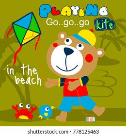 bear playing kite on the beach funny cartoon,vector illustration