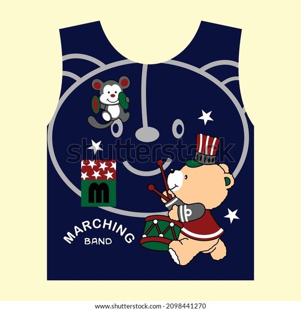 the bear is playing\
the marching band with his friend design cartoon vector\
illustration for kid t\
shirt