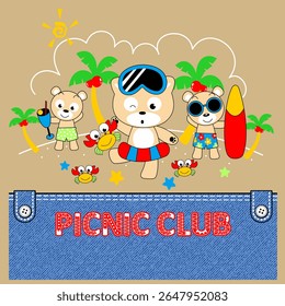 bear playing on the beach with friends, Nature Animal Cartoon, isolated Flat Vector Illustration