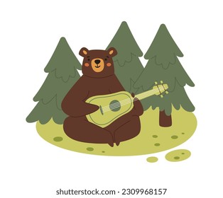 Bear Playing On Guitar In Forest Vector Illustration