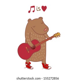 Bear playing on guitar vector illustration. Music is love