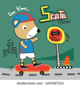 bear playing skateboard on the road funny animal cartoon,vector illustration