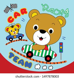 a bear is playing in a toy car, cartoon vector illustration