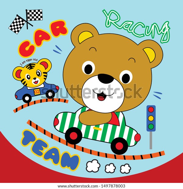 a bear is playing in a toy car, cartoon\
vector illustration
