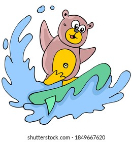 the bear is playing water surfing on the sea waves. cartoon illustration sticker mascot emoticon