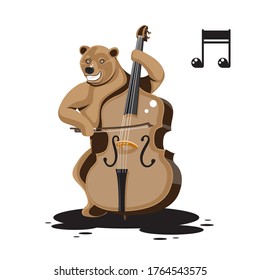 A bear plays a double bass note sign on a white isolated background. Cartoon character. Vector image eps 10