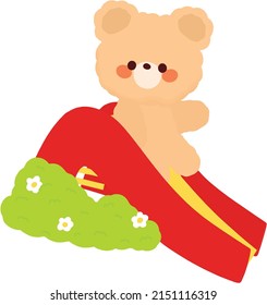 A bear plays a red slide in the playground on a clear day. illustration for children