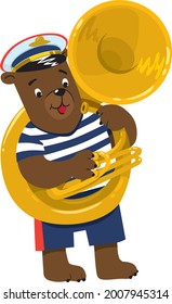 Bear plays sousaphone or tuba. Brass band