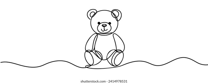 Bear plush toy painted with a single black line on a white background. One-line drawing. Continuous line.