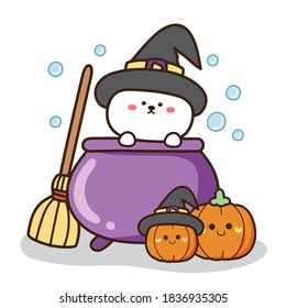 Bear in poison pot with pumpkin cartoon.Halloween concept.Cute animal character desing.Vector.Illustration.