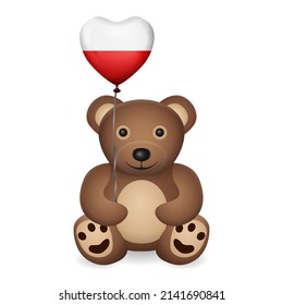 Bear with Poland flag heart balloon on a white background. Vector illustration.