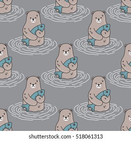 Bear polar bear and fish vector Seamless Pattern isolated wallpaper background Gray
