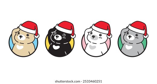 Bear polar icon christmas santa claus hat teddy vector pet cartoon character logo symbol colorful round border illustration clip art isolated