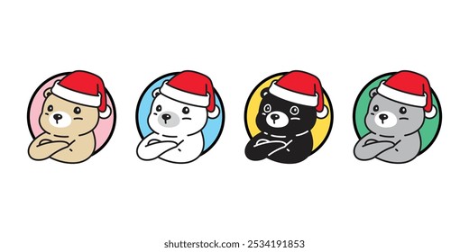 Bear polar icon christmas santa claus hat arms crossed teddy vector pet cartoon character logo symbol colorful round border illustration clip art isolated design