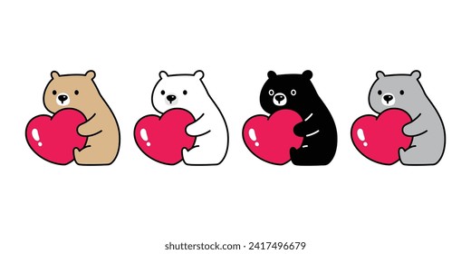 Bear polar icon hug heart valentine sitting vector teddy pet cartoon character symbol illustration clip art isolated design