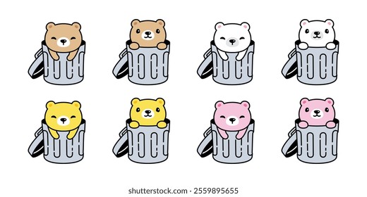 Bear polar icon rubbish bin trash garbage can vector teddy pet cartoon character logo symbol illustration clip art isolated design