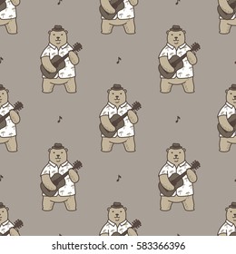 Bear Polar Bear play guitar summer Seamless Pattern brown