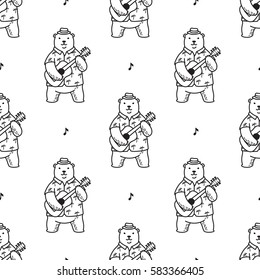 Bear Polar Bear play guitar summer Seamless Pattern white