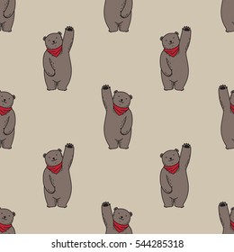 Bear polar Say Hello Stand up doodle vector Seamless Pattern isolated wallpaper background Brown