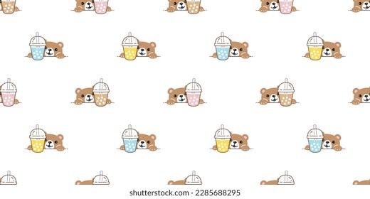 bear polar seamless pattern boba tea bubble milk tea drink vector cartoon pastel teddy tile background gift wrapping paper repeat wallpaper scarf isolated doodle illustration design