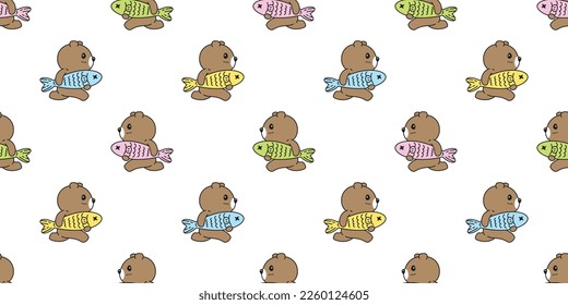 bear polar seamless pattern catch fish running vector teddy cartoon gift wrapping paper repeat wallpaper tile background doodle scarf isolated illustration design