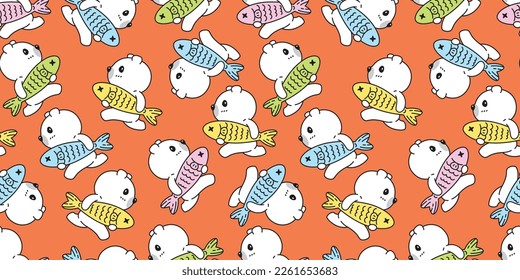 bear polar seamless pattern catch fish running vector teddy cartoon gift wrapping paper tile background repeat wallpaper doodle scarf isolated illustration design