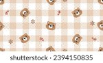 bear polar seamless pattern Christmas Santa Claus head face vector checked tartan plaid pet candy cane snowflake doodle cartoon gift wrapping paper tile background repeat wallpaper illustration scarf 