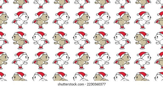 bear polar seamless pattern Christmas Santa Claus ice skating vector teddy cartoon wrapping paper repeat wallpaper tile background scarf isolated doodle illustration design