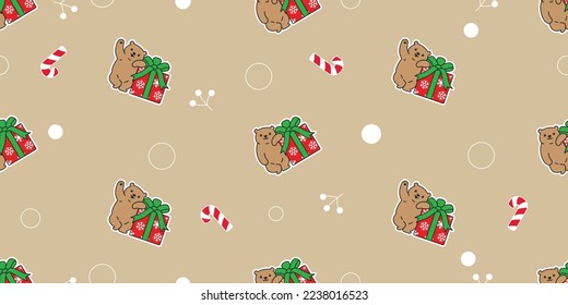 bear polar seamless pattern Christmas Santa Claus gift box vector teddy snow snowflake candy cane cartoon wrapping paper repeat wallpaper tile background doodle scarf isolated illustration design