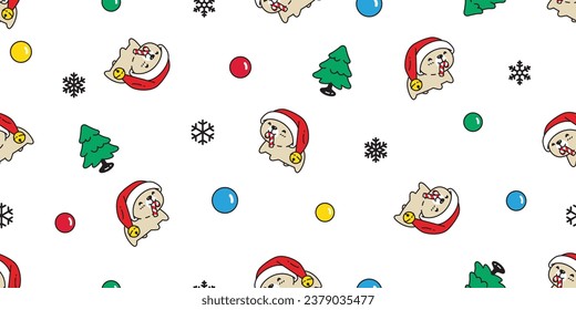 bear polar seamless pattern Christmas tree Santa Claus hat candy cane snowflake ring bell vector pet doodle cartoon gift wrapping paper tile background repeat wallpaper illustration scarf isolated des