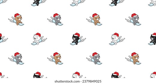 bear polar seamless pattern Christmas Santa Claus hat snowboard snowflake vector pet doodle cartoon extreme sport gift wrapping paper tile background repeat wallpaper illustration scarf isolated desig