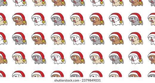 bear polar seamless pattern Christmas Santa Claus hat candy cane ring bell vector pet doodle snowflake cartoon gift wrapping paper tile background repeat wallpaper illustration scarf isolated design