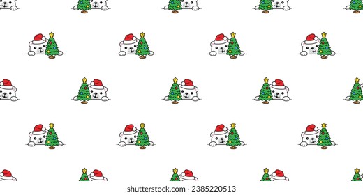 bear polar seamless pattern Christmas tree Santa Claus hat vector pet doodle cartoon gift wrapping paper tile background repeat wallpaper illustration scarf isolated design